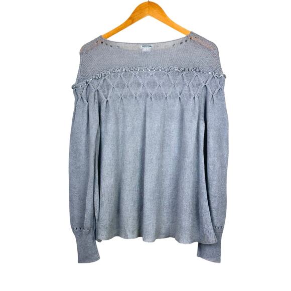 Sundance Ice Gray Mohair Pointelle Open Knit Beaded Lightweight Pullover Sweater - Picture 10 of 12